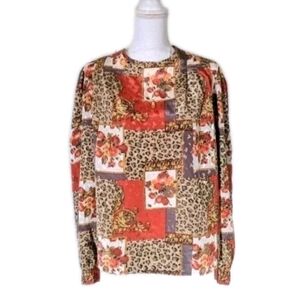 80s Vtg Leopard Floral Print Blouse Womens 12 Large BurntOrange Tan Mob Wife 181